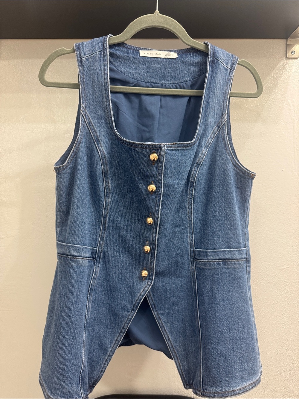 Altar'd State Washed Blue Denim Button-Front Vest with Gold Buttons